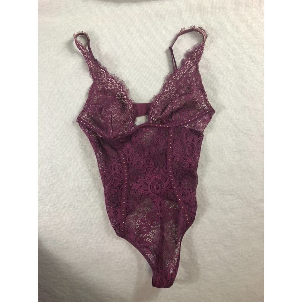 Victoria's Secret Lingerie S Burgundy Lace Body Suit Spaghetti Strap Thong Studs